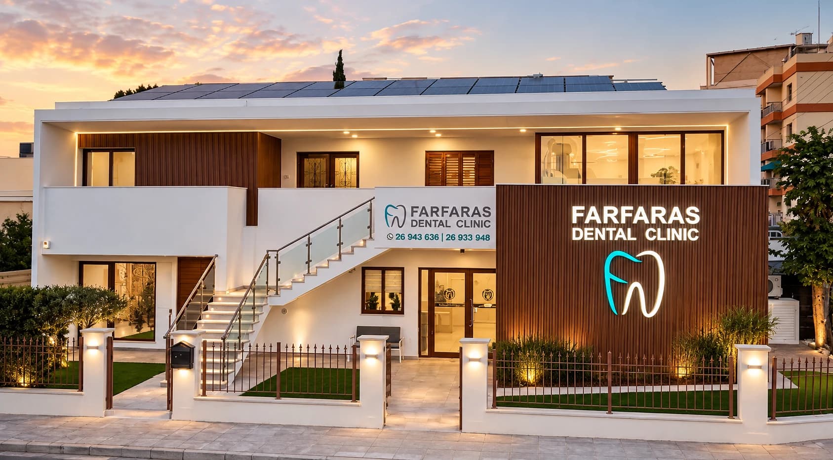 Exterior of Farfaras Dental Clinic in Paphos at sunset